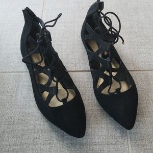 Faux suede ballet flat lace up pointed toe shoes
